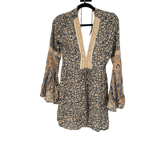 Free People Mini Dress Floral Print Bell Sleeve Open Back Bohemian Festival - Picture 1 of 5